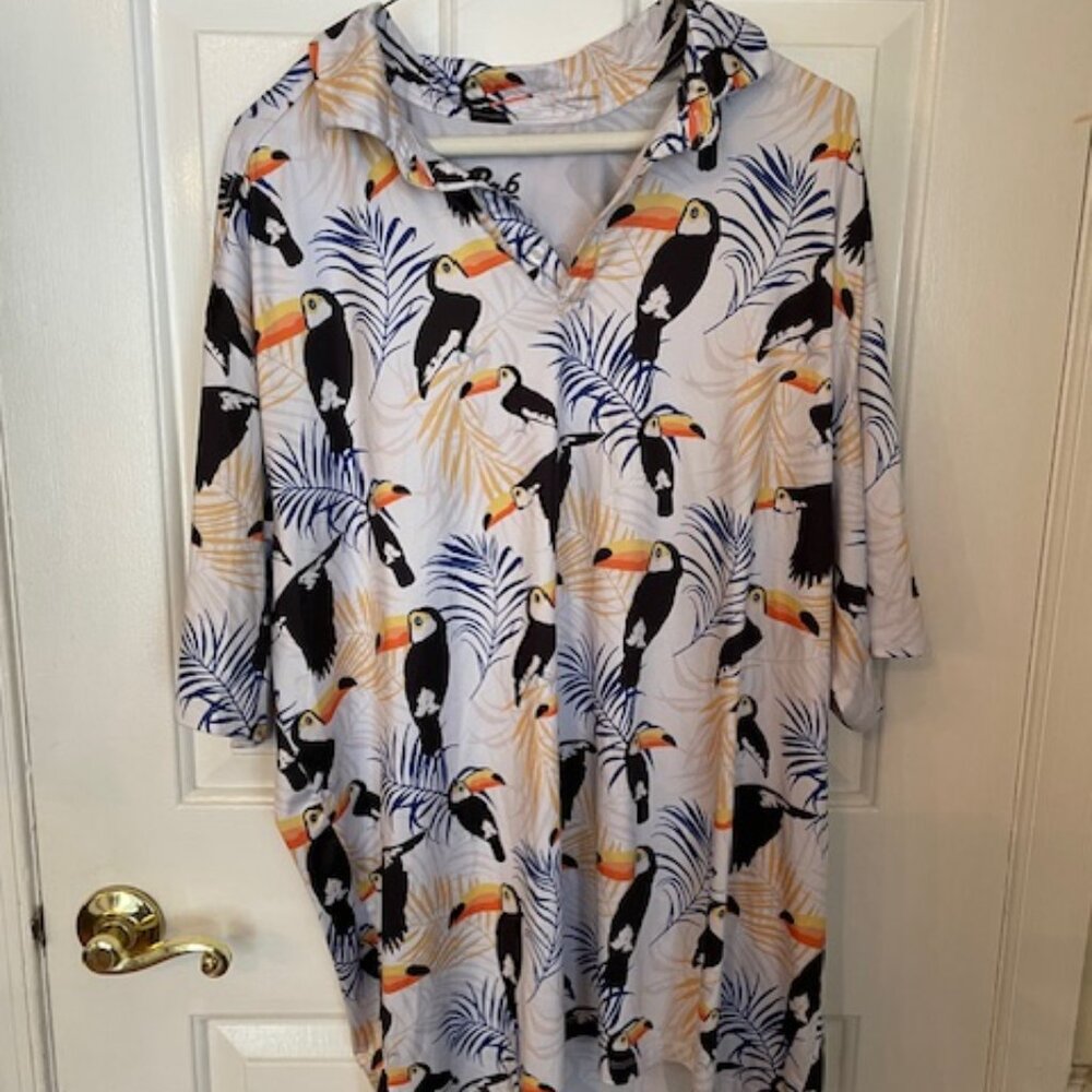 Unisex Par6 Hawaiian Toucan & Tropical Leaf print Polo Polyester blend shirt XL